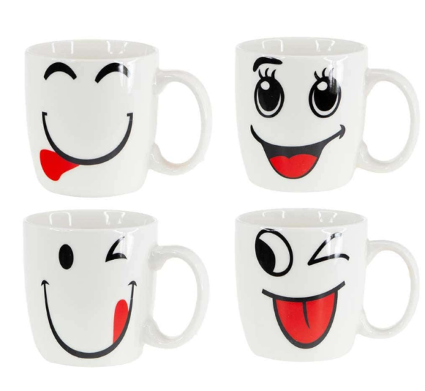 TAZA BLANCA CON CARITAS SONRIENTES